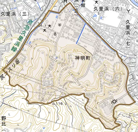 神明町とその周辺の地図。町の範囲を重ねている
