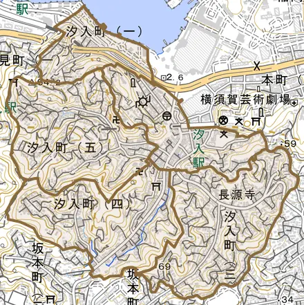 汐入町とその周辺の地図。町の範囲を重ねている