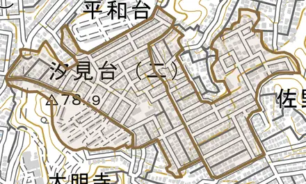 汐見台とその周辺の地図。町の範囲を重ねている