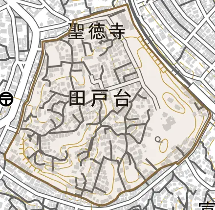 田戸台とその周辺の地図。町の範囲を重ねている