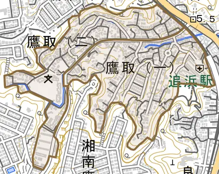 鷹取とその周辺の地図。町の範囲を重ねている