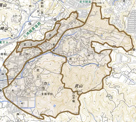 武とその周辺の地図。町の範囲を重ねている