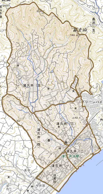 津久井とその周辺の地図。町の範囲を重ねている