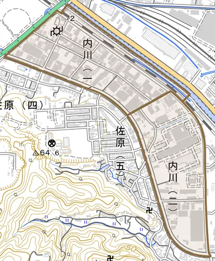 内川とその周辺の地図。町の範囲を重ねている