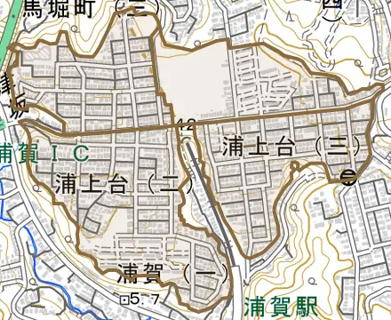 浦上台とその周辺の地図。町の範囲を重ねている