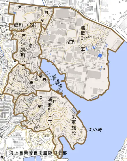 浦郷町とその周辺の地図。町の範囲を重ねている