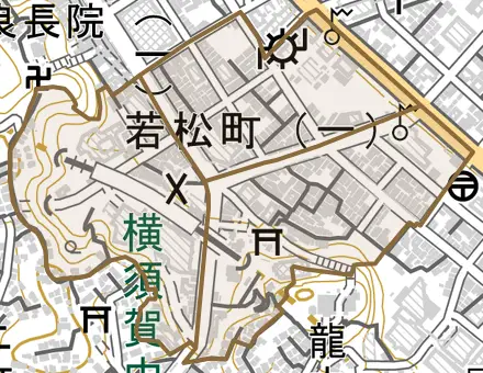 若松町とその周辺の地図。町の範囲を重ねている