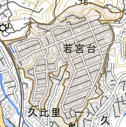 若宮台とその周辺の地図。町の範囲を重ねている