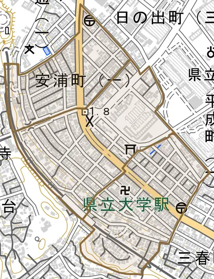 安浦町とその周辺の地図。町の範囲を重ねている