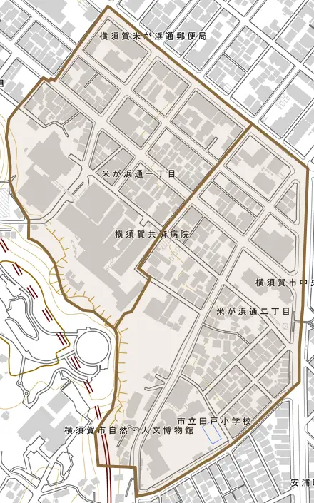 米が浜通とその周辺の地図。町の範囲を重ねている