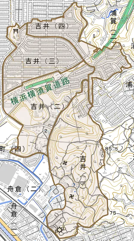 吉井とその周辺の地図。町の範囲を重ねている