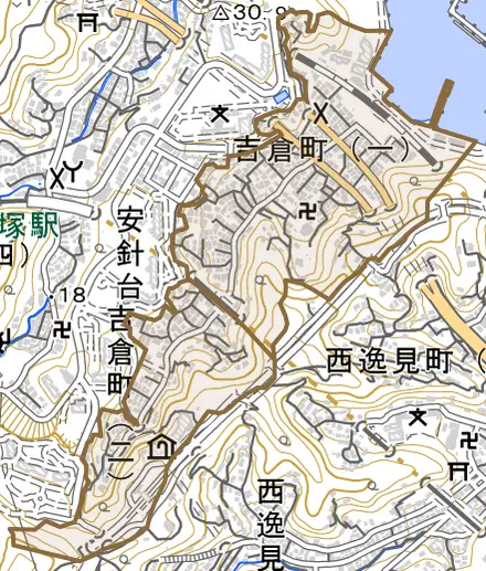 吉倉町とその周辺の地図。町の範囲を重ねている