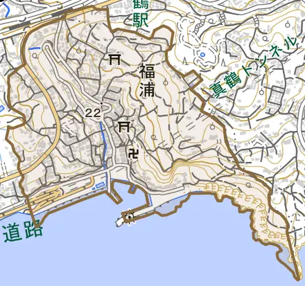 福浦とその周辺の地図。町の範囲を重ねている