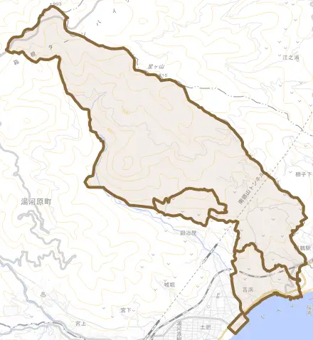 吉浜とその周辺の地図。町の範囲を重ねている