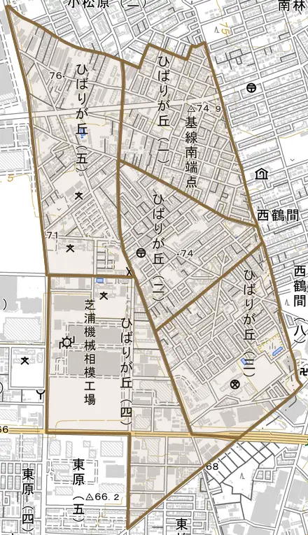 ひばりが丘とその周辺の地図。町の範囲を重ねている