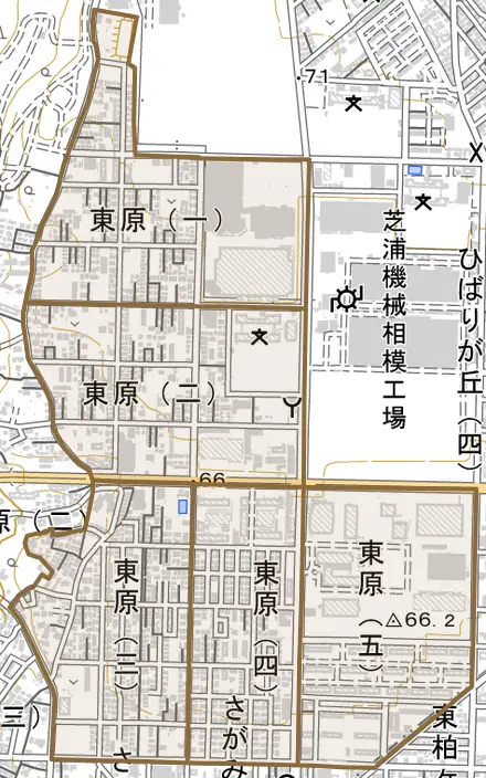 東原とその周辺の地図。町の範囲を重ねている