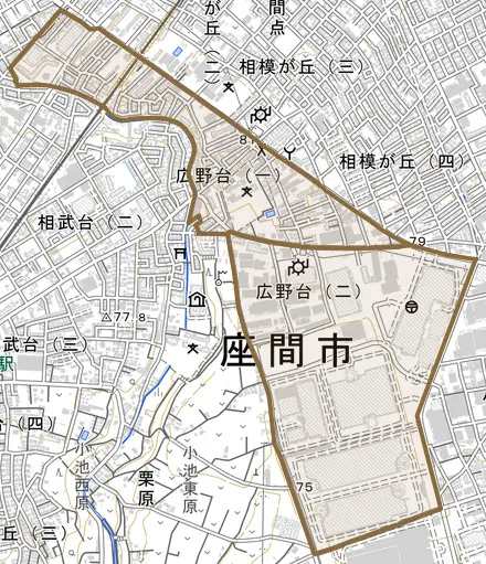 広野台とその周辺の地図。町の範囲を重ねている