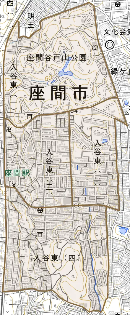 入谷東とその周辺の地図。町の範囲を重ねている