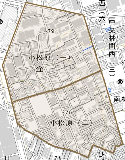 小松原とその周辺の地図。町の範囲を重ねている