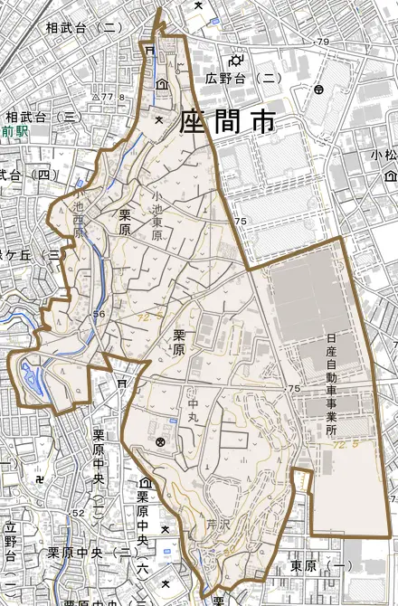 栗原とその周辺の地図。町の範囲を重ねている