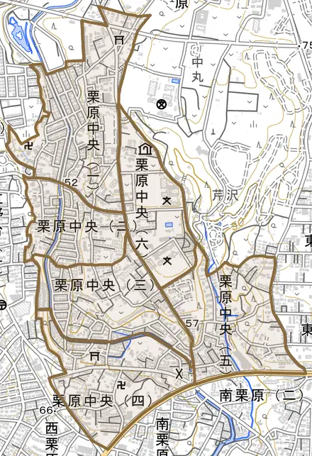 栗原中央とその周辺の地図。町の範囲を重ねている
