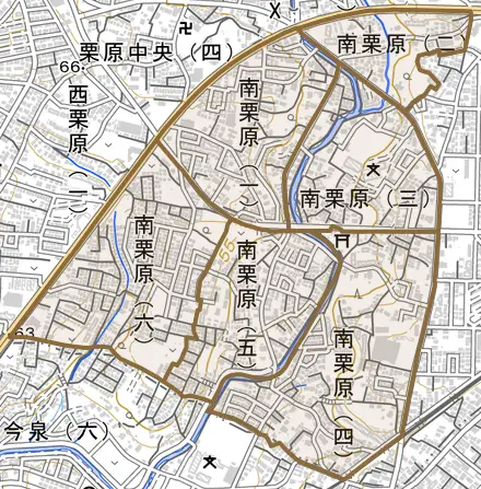 南栗原とその周辺の地図。町の範囲を重ねている