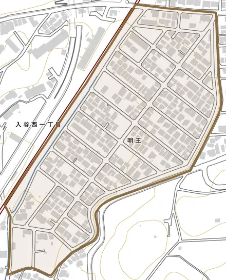 明王とその周辺の地図。町の範囲を重ねている