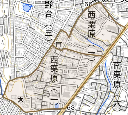 西栗原とその周辺の地図。町の範囲を重ねている