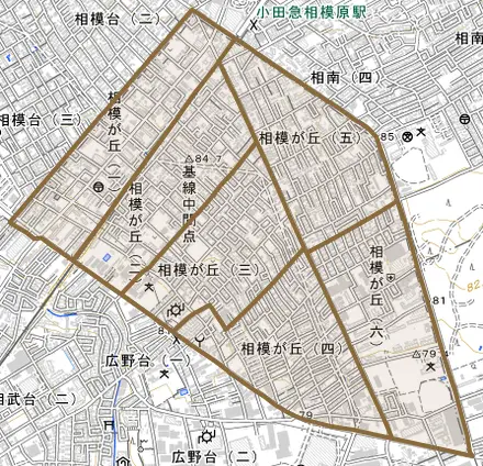 相模が丘とその周辺の地図。町の範囲を重ねている