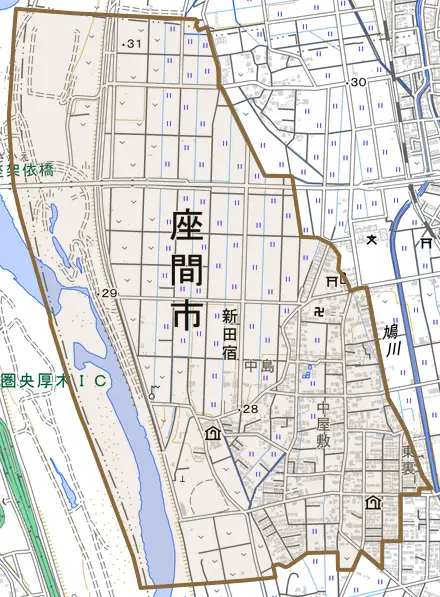 新田宿とその周辺の地図。町の範囲を重ねている