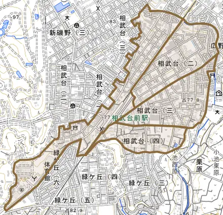 相武台とその周辺の地図。町の範囲を重ねている