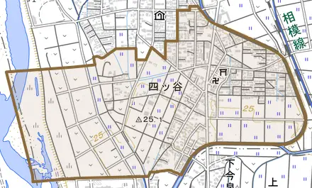 四ツ谷とその周辺の地図。町の範囲を重ねている