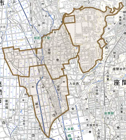 座間とその周辺の地図。町の範囲を重ねている