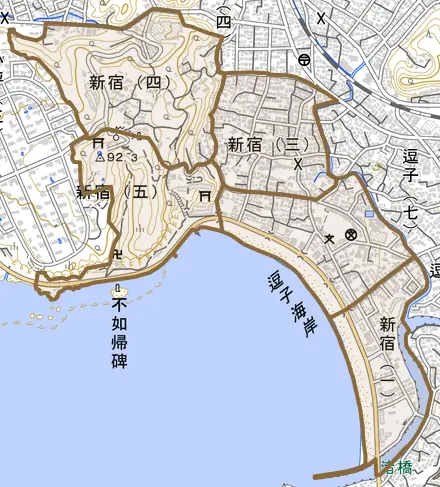 新宿とその周辺の地図。町の範囲を重ねている