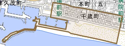千歳町とその周辺の地図。町の範囲を重ねている