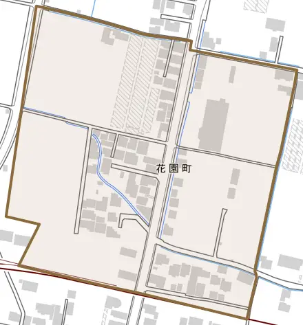 花園町とその周辺の地図。町の範囲を重ねている