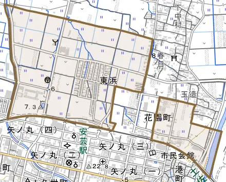 東浜とその周辺の地図。町の範囲を重ねている