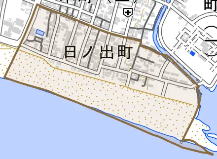 日ノ出町とその周辺の地図。町の範囲を重ねている