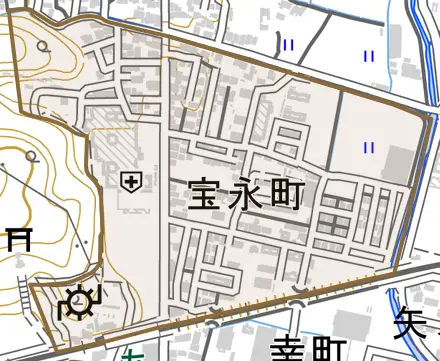 宝永町とその周辺の地図。町の範囲を重ねている