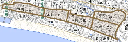 本町とその周辺の地図。町の範囲を重ねている