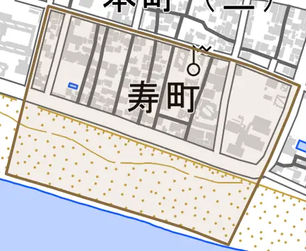 寿町とその周辺の地図。町の範囲を重ねている