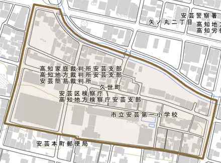 久世町とその周辺の地図。町の範囲を重ねている