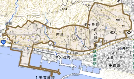 西浜とその周辺の地図。町の範囲を重ねている