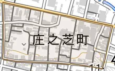 庄之芝町とその周辺の地図。町の範囲を重ねている