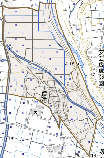 僧津とその周辺の地図。町の範囲を重ねている