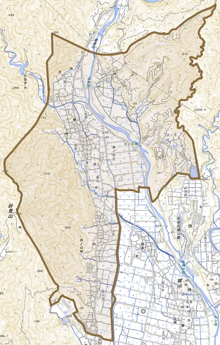 井ノ口とその周辺の地図。町の範囲を重ねている