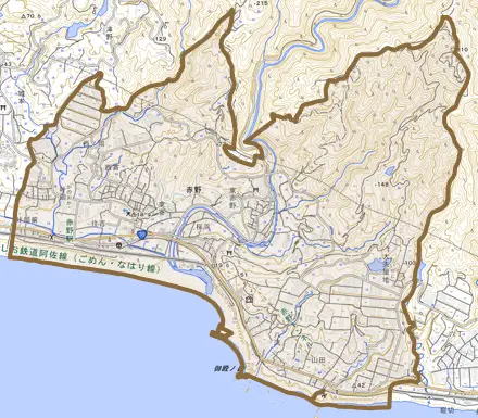 赤野とその周辺の地図。町の範囲を重ねている