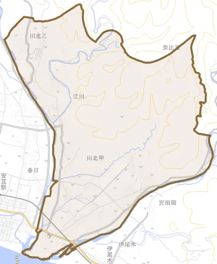 川北とその周辺の地図。町の範囲を重ねている
