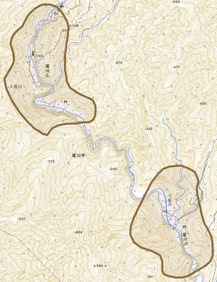 尾川とその周辺の地図。町の範囲を重ねている