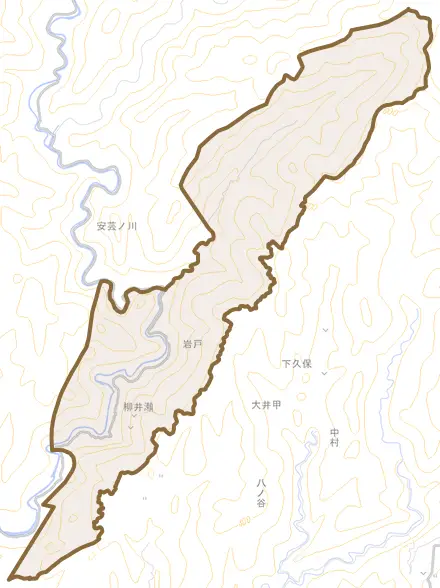安芸ノ川とその周辺の地図。町の範囲を重ねている